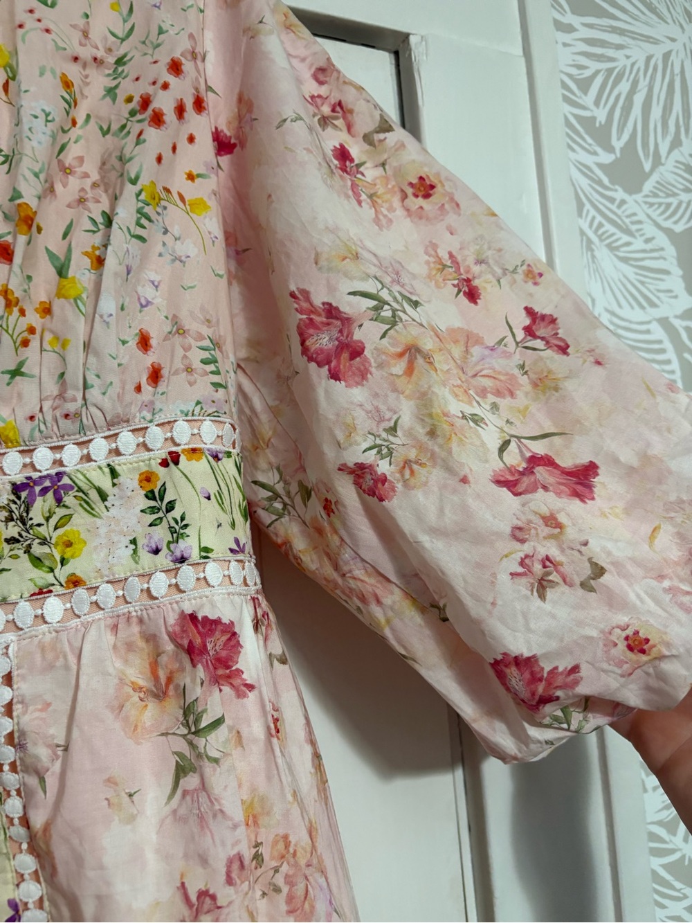NWOT FORE Collection Floral Print Cotton Crochet Bubble Hem Sleeve Mini Dress - Picture 10 of 13